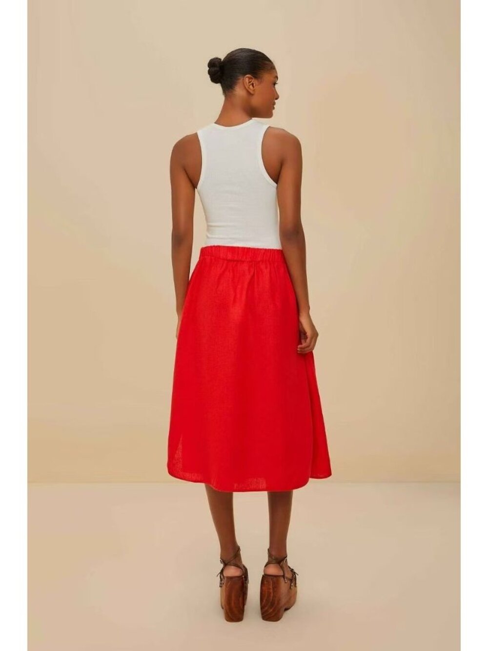 NWOT Farm Rio Red Mixed Buttons Linen Midi Skirt Elastic Waist Size S - Picture 6 of 13
